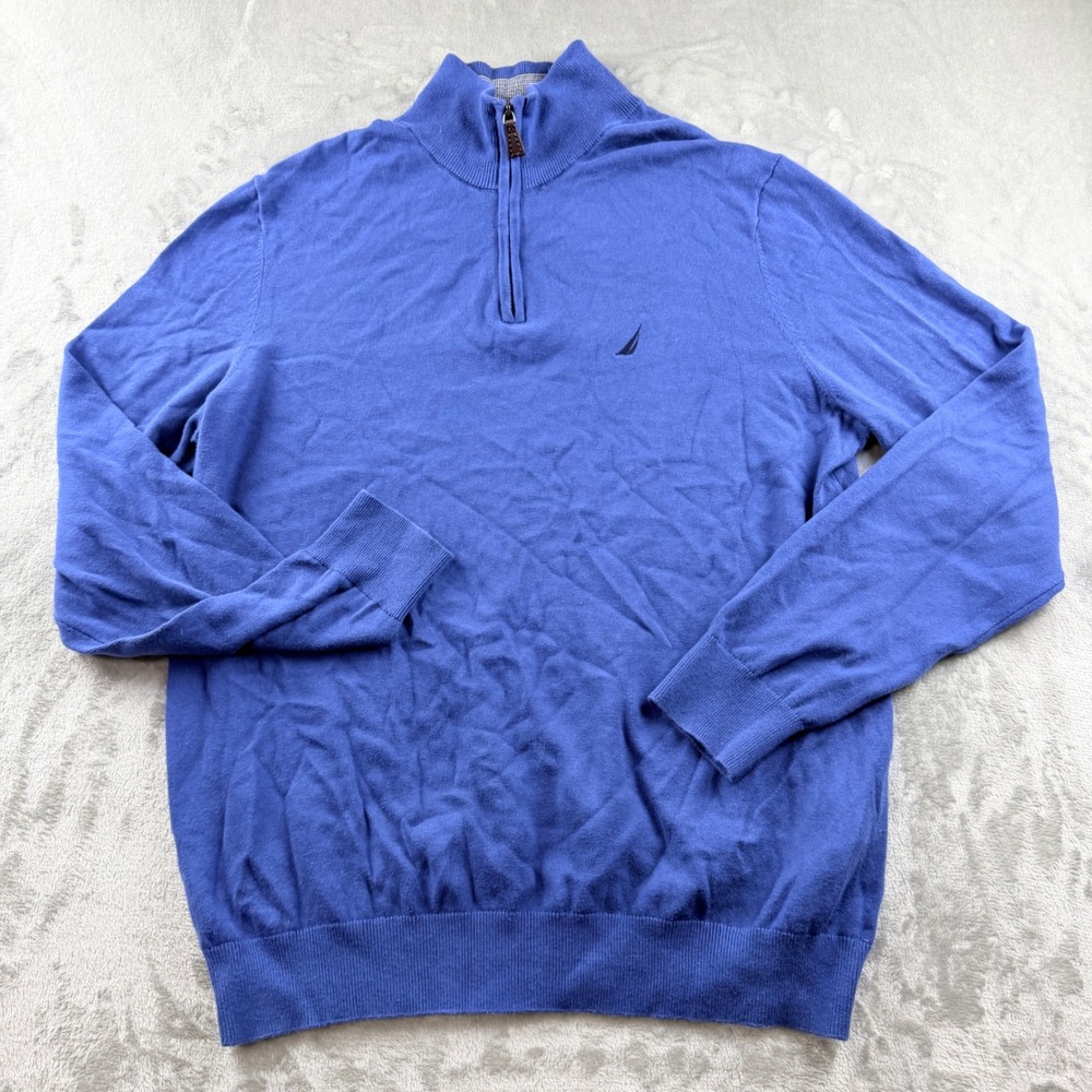 Nautica Men's Large Blue 100% Cotton Quarter Zip Pullover Sweater